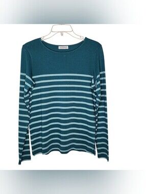 Kettlewell Teal Striped Cotton Knit Boat Neck Long Sleeve Top Small
